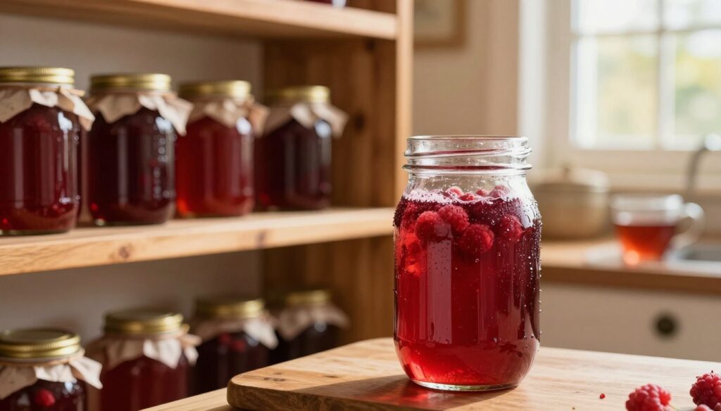 A cozy kitchen setting featuring jars of delicious raspberry juice stored on wooden shelves, emphasizing the theme of preserving raspberry syrup for winter and tea. In the foreground, a close-up view of a beautifully designed glass jar filled with rich, ruby-red raspberry juice, with condensation on the glass, highlighting the freshness. In the middle ground, rustic wooden shelves lined with jars of varying sizes containing the raspberry syrup, with some lids slightly ajar, hinting at their homemade appeal. In the background, a warm kitchen bathed in soft, golden sunlight filtering through a window, casting gentle shadows, creating a welcoming and inviting atmosphere. The scene conveys the essence of home, warmth, and seasonal preservation. A cozy kitchen setting featuring jars of delicious raspberry juice stored on wooden shelves, emphasizing the theme of preserving raspberry syrup for winter and tea. In the foreground, a close-up view of a beautifully designed glass jar filled with rich, ruby-red raspberry juice, with condensation on the glass, highlighting the freshness. In the middle ground, rustic wooden shelves lined with jars of varying sizes containing the raspberry syrup, with some lids slightly ajar, hinting at their homemade appeal. In the background, a warm kitchen bathed in soft, golden sunlight filtering through a window, casting gentle shadows, creating a welcoming and inviting atmosphere. The scene conveys the essence of home, warmth, and seasonal preservation.