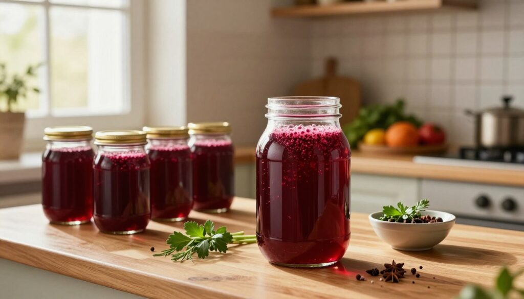 A cozy kitchen with soft, warm lighting, featuring a wooden countertop where jars of vibrant beet kvass are neatly arranged. In the foreground, a large glass jar filled with deep red, bubbling kvass sits next to a small bowl of fresh herbs and spices. In the background, shelves display various pickled vegetables and a small window letting in gentle sunlight, casting a warm glow over the scene. The atmosphere feels homely and inviting, suggesting a sense of tradition and care in food preservation. The focus is sharp on the kvass jars, with a soft blur on the background elements to highlight the main subject without distractions.
