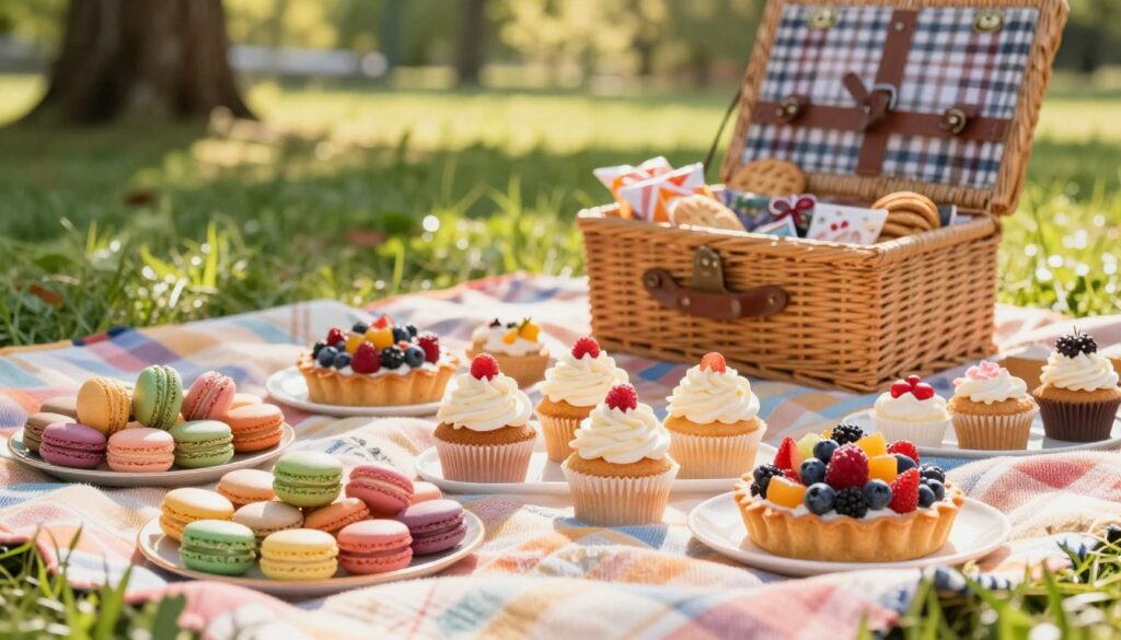 A cozy picnic scene featuring an assortment of sweet pastries and desserts elegantly arranged on a vibrant blanket. In the foreground, showcase an inviting spread of freshly baked treats like colorful macarons, fluffy cupcakes topped with delicate frosting, and a rustic fruit tart adorned with seasonal berries. The middle ground includes a cheerful picnic basket overflowing with cookies and mini pastries, surrounded by lush green grass. In the background, soft sunlight filters through the branches of nearby trees, casting gentle shadows and creating a warm, inviting atmosphere. Capture this scene with a shallow depth of field to emphasize the beautifully arranged desserts, evoking a sense of joy and spontaneity in a delightful picnic setting. A cozy picnic scene featuring an assortment of sweet pastries and desserts elegantly arranged on a vibrant blanket. In the foreground, showcase an inviting spread of freshly baked treats like colorful macarons, fluffy cupcakes topped with delicate frosting, and a rustic fruit tart adorned with seasonal berries. The middle ground includes a cheerful picnic basket overflowing with cookies and mini pastries, surrounded by lush green grass. In the background, soft sunlight filters through the branches of nearby trees, casting gentle shadows and creating a warm, inviting atmosphere. Capture this scene with a shallow depth of field to emphasize the beautifully arranged desserts, evoking a sense of joy and spontaneity in a delightful picnic setting.