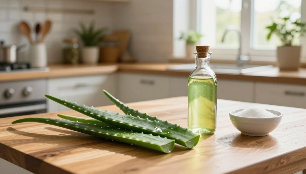 A cozy, well-lit kitchen scene, focusing on a wooden table adorned with fresh green aloe vera leaves, a vibrant glass bottle of homemade nalewka aloesu, and a small bowl of sugar. In the foreground, highlight the intricate texture of the aloe leaves, glistening under natural light. The middle ground showcases a slightly blurred view of kitchen utensils and herbs, enhancing the homely atmosphere. In the background, visible shelves lined with jars and plants, softly illuminated by warm sunlight streaming through a window, adding a welcoming feel. Capture this image from a slightly elevated angle to emphasize the arrangement, fostering a sense of comfort and craftsmanship in the process of preparing a herbal remedy.