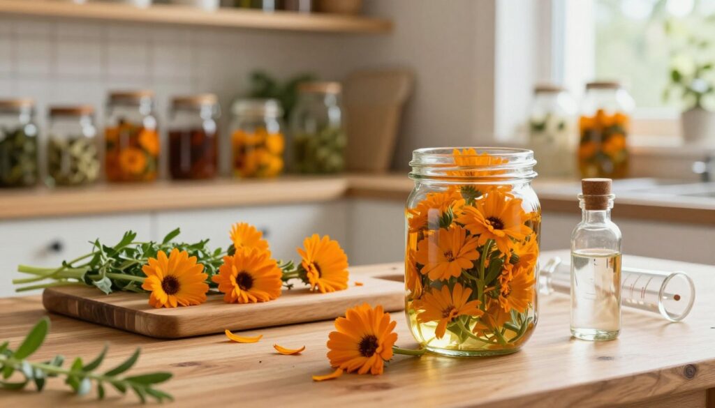 A cozy, well-lit kitchen scene showcasing the process of making marigold tincture. In the foreground, an elegant glass jar filled with bright orange marigold flowers is placed on a wooden table, beside small bottles of vodka and glass measuring tools. The middle ground features a cutting board with blooming marigold flowers, freshly picked, and some herbs, conveying a sense of natural freshness. In the background, shelves adorned with jars filled with various homemade tinctures and herbal remedies create a warm atmosphere. Soft, natural light filters through a window, highlighting the vibrant colors and textures. The mood is inviting and homely, perfect for a crafting session focused on traditional floral recipes. A cozy, well-lit kitchen scene showcasing the process of making marigold tincture. In the foreground, an elegant glass jar filled with bright orange marigold flowers is placed on a wooden table, beside small bottles of vodka and glass measuring tools. The middle ground features a cutting board with blooming marigold flowers, freshly picked, and some herbs, conveying a sense of natural freshness. In the background, shelves adorned with jars filled with various homemade tinctures and herbal remedies create a warm atmosphere. Soft, natural light filters through a window, highlighting the vibrant colors and textures. The mood is inviting and homely, perfect for a crafting session focused on traditional floral recipes.