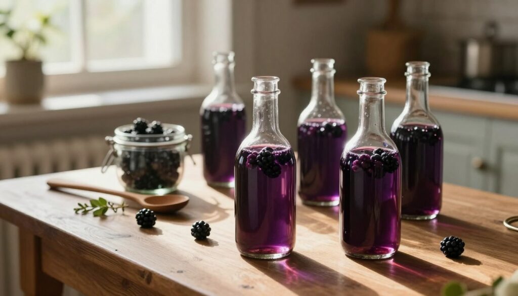 A cozy wooden table set in a rustic kitchen, showcasing the process of infusing blackberry liqueur. In the foreground, several elegantly arranged glass bottles containing deep purple liquid, some with berries floating inside, while others have a light haze indicating the need for filtering. The middle ground features a wooden spoon resting beside a jar of fresh blackberries and aromatic herbs, suggesting the preparation stage. In the background, warm sunlight streams through a window, casting gentle shadows and creating a homey atmosphere. The scene is softly lit to evoke a sense of warmth and tradition, inviting the viewer to dive into the art of liqueur aging. The composition is framed with delicate glassware glistening in the light, enhancing the overall feeling of craftsmanship and care in the liqueur-making process. A cozy wooden table set in a rustic kitchen, showcasing the process of infusing blackberry liqueur. In the foreground, several elegantly arranged glass bottles containing deep purple liquid, some with berries floating inside, while others have a light haze indicating the need for filtering. The middle ground features a wooden spoon resting beside a jar of fresh blackberries and aromatic herbs, suggesting the preparation stage. In the background, warm sunlight streams through a window, casting gentle shadows and creating a homey atmosphere. The scene is softly lit to evoke a sense of warmth and tradition, inviting the viewer to dive into the art of liqueur aging. The composition is framed with delicate glassware glistening in the light, enhancing the overall feeling of craftsmanship and care in the liqueur-making process.