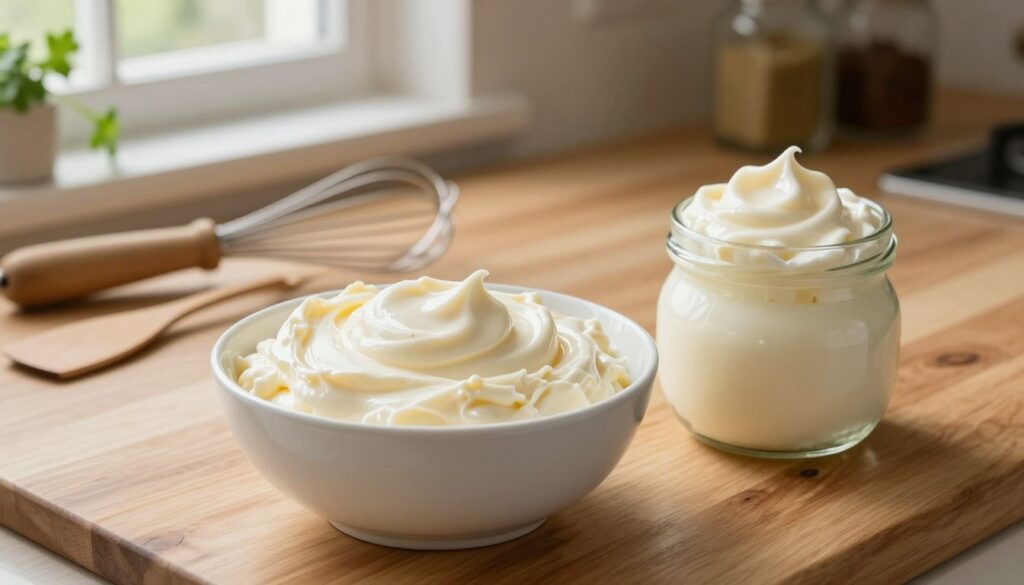 A creamy preparation scene featuring mascarpone cheese and whipped cream elegantly arranged in a stylish kitchen setting. In the foreground, a white bowl filled with velvety mascarpone, beside a small glass jar of glossy whipped cream, both exuding freshness. The middle ground showcases a polished wooden countertop with a whisk and spatula, hinting at the preparation process. In the background, soft natural light filters through a window, illuminating herbs and spices that suggest culinary creativity. The mood is warm and inviting, evoking a sense of comfort and culinary expertise, perfect for illustrating creamy sauce techniques. Emphasize the textures of the dairy products and the cozy kitchen atmosphere, capturing the essence of rich, lump-free sauces.