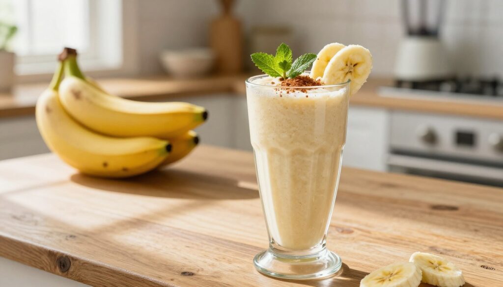 A delicious banana smoothie in a clear glass, prominently displayed in the foreground, with a thick, creamy texture and a glossy surface to reflect the light. The smoothie is garnished with slices of banana, a sprinkle of cinnamon, and a few mint leaves, adding color and freshness. In the middle ground, a rustic wooden table complements the vibrant colors of the smoothie. Soft, natural lighting streams in from a window, casting gentle shadows and creating a warm, inviting atmosphere. The background features a blurred kitchen setting with a bowl of ripe bananas and a blender, enhancing the homey feel. The overall mood is bright, cheerful, and enticing, perfect for illustrating the variety of flavors in a banana smoothie. A delicious banana smoothie in a clear glass, prominently displayed in the foreground, with a thick, creamy texture and a glossy surface to reflect the light. The smoothie is garnished with slices of banana, a sprinkle of cinnamon, and a few mint leaves, adding color and freshness. In the middle ground, a rustic wooden table complements the vibrant colors of the smoothie. Soft, natural lighting streams in from a window, casting gentle shadows and creating a warm, inviting atmosphere. The background features a blurred kitchen setting with a bowl of ripe bananas and a blender, enhancing the homey feel. The overall mood is bright, cheerful, and enticing, perfect for illustrating the variety of flavors in a banana smoothie.