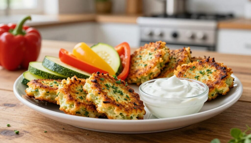A delicious plate of zucchini fritters, golden brown and crispy, arranged artfully on a rustic wooden table. In the foreground, a few fritters are garnished with fresh herbs and accompanied by a small bowl of tangy yogurt dip. In the middle, vibrant slices of zucchini and colorful bell peppers are scattered around, adding freshness to the composition. The background features a blurred kitchen setting with soft, natural lighting streaming in, creating a warm and inviting atmosphere. The focus is sharp on the fritters, showcasing their texture, while the background softly recedes, providing context without distraction. The mood is cozy and casual, ideal for a family meal or a delightful brunch. A delicious plate of zucchini fritters, golden brown and crispy, arranged artfully on a rustic wooden table. In the foreground, a few fritters are garnished with fresh herbs and accompanied by a small bowl of tangy yogurt dip. In the middle, vibrant slices of zucchini and colorful bell peppers are scattered around, adding freshness to the composition. The background features a blurred kitchen setting with soft, natural lighting streaming in, creating a warm and inviting atmosphere. The focus is sharp on the fritters, showcasing their texture, while the background softly recedes, providing context without distraction. The mood is cozy and casual, ideal for a family meal or a delightful brunch.