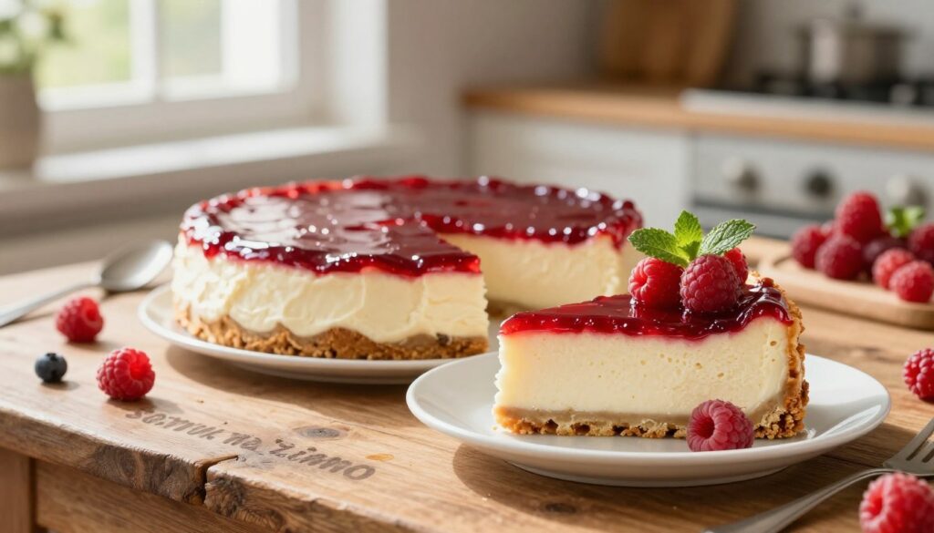 A delicious "sernik na zimno" with a smooth, creamy texture, topped with a vibrant, fresh raspberry layer, glistening with a hint of syrup. In the foreground, a beautifully plated slice of cheesecake, showcasing its rich, layered appearance, garnished with whole raspberries and a sprinkle of mint leaves for contrast. The middle ground features a rustic wooden table, softly illuminated by warm, natural light filtering through a nearby window, enhancing the inviting atmosphere. In the background, a blurred kitchen setting, with hints of baking tools and fresh berries, creating a homey feel. The overall mood is joyful and appetizing, perfect for a summer treat, inviting viewers to indulge in this no-bake dessert.