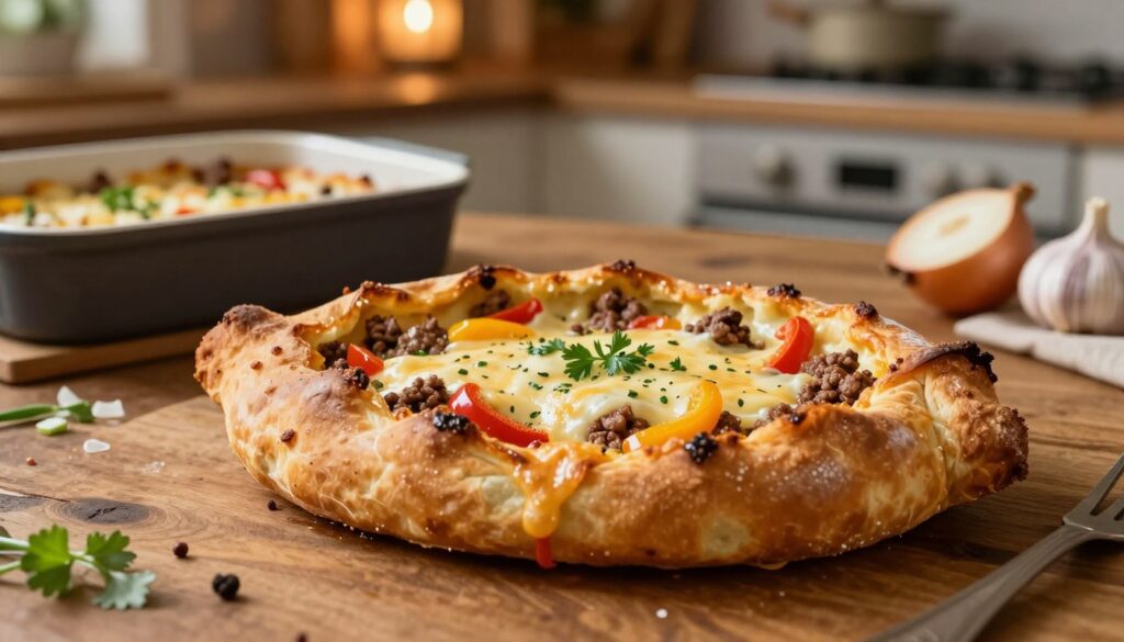 A delicious zapiekanka made with ground meat is presented as the focal point of the image, resting on a rustic wooden table. The zapiekanka, topped with melted cheese, herbs, and colorful bell peppers, is golden brown and bubbling, exuding warmth and satisfaction. In the background, a cozy kitchen setting adds to the ambiance, featuring warm lighting that creates a homey atmosphere. A baking dish and fresh ingredients, like chopped onions, garlic, and spices, are subtly arranged around the zapiekanka, hinting at the preparation process. The photo is taken from a slightly elevated angle, capturing the delicious details while inviting the viewer into this hearty meal experience. The overall mood is inviting and comforting, perfect for a post-work dinner. A delicious zapiekanka made with ground meat is presented as the focal point of the image, resting on a rustic wooden table. The zapiekanka, topped with melted cheese, herbs, and colorful bell peppers, is golden brown and bubbling, exuding warmth and satisfaction. In the background, a cozy kitchen setting adds to the ambiance, featuring warm lighting that creates a homey atmosphere. A baking dish and fresh ingredients, like chopped onions, garlic, and spices, are subtly arranged around the zapiekanka, hinting at the preparation process. The photo is taken from a slightly elevated angle, capturing the delicious details while inviting the viewer into this hearty meal experience. The overall mood is inviting and comforting, perfect for a post-work dinner.