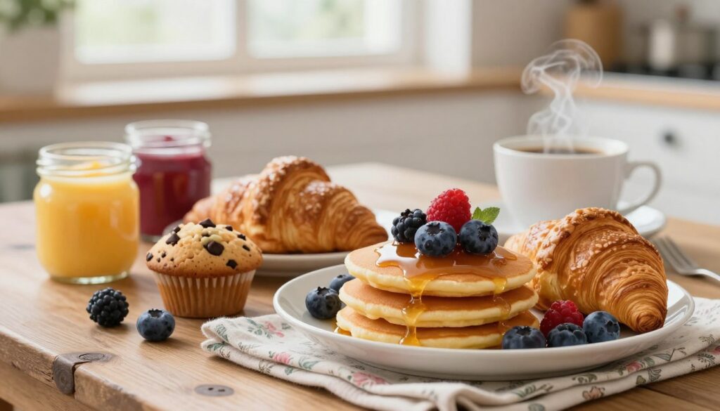 A delightful breakfast spread showcasing an array of sweet inspirations for a lunch box. In the foreground, a vibrant assortment of fluffy pancakes topped with fresh berries and a drizzle of maple syrup, alongside golden-brown croissants that have a light sheen. Scattered are bite-sized chocolate chip muffins and jars filled with colorful fruit yogurts. The middle features a rustic wooden table setting, adorned with delicate floral napkins and a steaming cup of aromatic coffee. In the background, soft natural light filters through a bright kitchen window, creating a warm and inviting atmosphere. The scene should evoke a sense of comfort and sweetness, perfect for a cozy breakfast moment, captured with a shallow depth of field to emphasize the foreground delights.