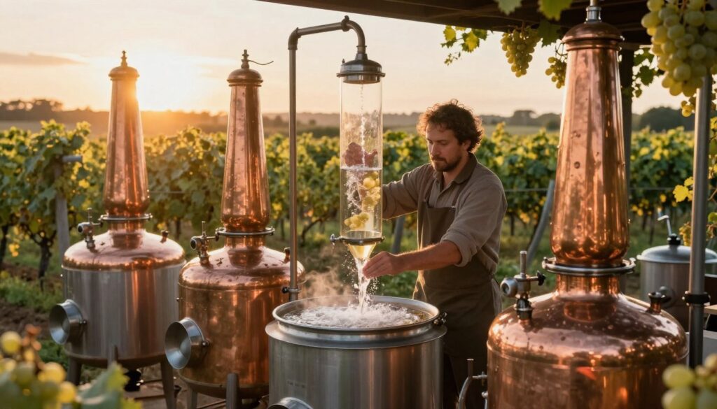 A detailed and artistic depiction of grape distillation techniques, highlighting an array of distillation equipment such as copper stills and fermentation tanks at the forefront. The background showcases lush vineyards under a golden sunset, casting warm light over the scene. In the middle, a skilled distiller, attired in professional clothing, carefully monitors the distillation process, observing bubbling liquid flowing from the still. The atmosphere is rich and inviting, emphasizing the artisanal craftsmanship involved in creating high-quality grape alcohol. Soft, natural lighting enhances the rustic feel, with lens flares reflecting hints of grape clusters throughout the frame. The mood is focused yet organic, celebrating the fusion of tradition and technique in producing fine distilled spirits. A detailed and artistic depiction of grape distillation techniques, highlighting an array of distillation equipment such as copper stills and fermentation tanks at the forefront. The background showcases lush vineyards under a golden sunset, casting warm light over the scene. In the middle, a skilled distiller, attired in professional clothing, carefully monitors the distillation process, observing bubbling liquid flowing from the still. The atmosphere is rich and inviting, emphasizing the artisanal craftsmanship involved in creating high-quality grape alcohol. Soft, natural lighting enhances the rustic feel, with lens flares reflecting hints of grape clusters throughout the frame. The mood is focused yet organic, celebrating the fusion of tradition and technique in producing fine distilled spirits.