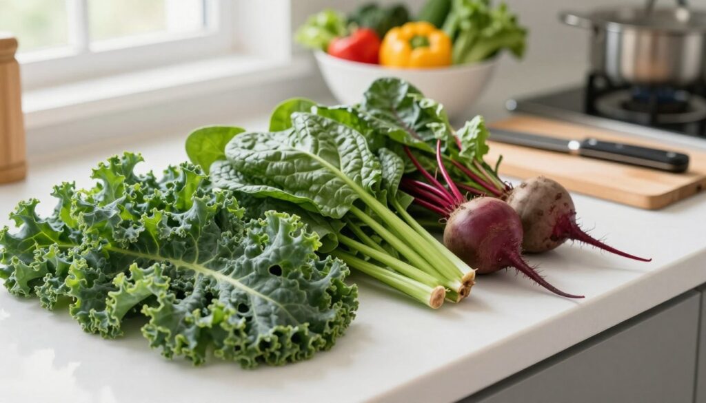 A detailed and informative image depicting the risks of combining kale with oxalate-rich vegetables. In the foreground, showcase a vibrant assortment of fresh kale leaves alongside a few high-oxalate vegetables like spinach and beet greens, visually contrasting their colors and textures. In the middle ground, include a clean kitchen countertop with a cutting board and some kitchen utensils to convey a cooking environment. In the background, softly blurred, place a bowl of various vegetables, emphasizing diversity and health. Utilize natural lighting coming from a nearby window for a bright and inviting atmosphere, capturing a top-down perspective to emphasize the combination and contrast of the vegetables. The overall mood should be educational and visually appealing, without any text or distractions.