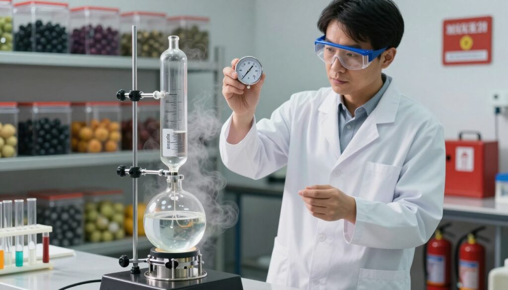 A detailed and visually engaging image illustrating the concept of "distillation safety" in a distillation setup. In the foreground, a glass distillation apparatus with clear liquids, emitting gentle steam and resting on a sturdy workbench. In the middle ground, a professional wearing a lab coat and goggles carefully monitors the distillation process, holding a thermometer with precision, showcasing attention to safety. In the background, shelves lined with various safely stored fruits including black chokeberries (aronia), along with safety equipment like fire extinguishers and emergency kits. Soft, bright lighting emphasizes the clarity of the liquids and the professionalism of the environment, creating a focused and reassuring atmosphere to reflect the importance of safety and quality in the process. A detailed and visually engaging image illustrating the concept of "distillation safety" in a distillation setup. In the foreground, a glass distillation apparatus with clear liquids, emitting gentle steam and resting on a sturdy workbench. In the middle ground, a professional wearing a lab coat and goggles carefully monitors the distillation process, holding a thermometer with precision, showcasing attention to safety. In the background, shelves lined with various safely stored fruits including black chokeberries (aronia), along with safety equipment like fire extinguishers and emergency kits. Soft, bright lighting emphasizes the clarity of the liquids and the professionalism of the environment, creating a focused and reassuring atmosphere to reflect the importance of safety and quality in the process.