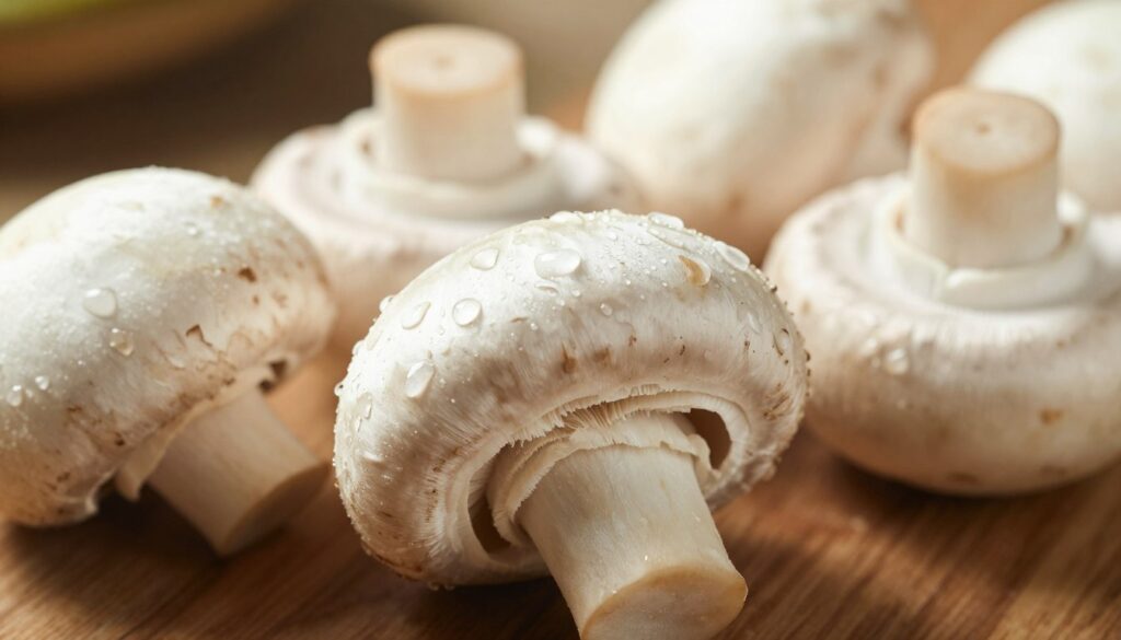 A detailed close-up of Agaricus bisporus, commonly known as the white button mushroom, showcasing its smooth, pale cap and delicate gills underneath. The foreground features the mushroom in sharp focus, with droplets of fresh water on its surface, highlighting its freshness. In the middle ground, other mushrooms of varying sizes are gently blurred, creating a sense of depth. The background is softly out of focus, depicting a natural, earthy setting, perhaps a wooden table or a patch of moss, under warm, diffused lighting to evoke a cozy kitchen atmosphere. The image should convey an inviting mood, emphasizing the mushroom’s culinary uses and natural beauty without any text or distractions.