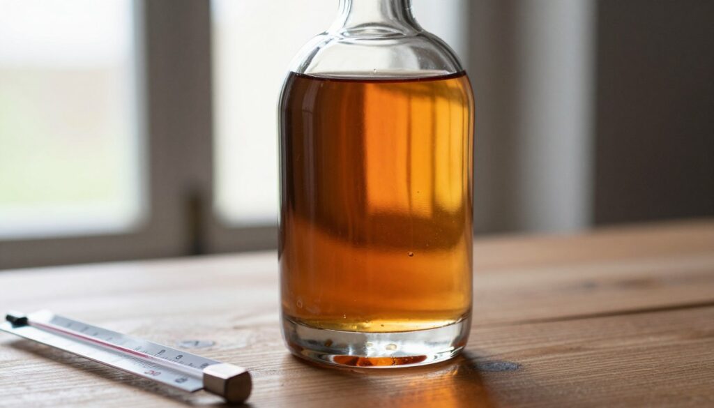 A detailed close-up of a glass bottle of homemade liqueur placed on a wooden table, illuminated by soft, warm ambient light to emphasize its rich amber color. In the foreground, a thermometer indicating a moderate temperature is visible, hinting at optimal storage conditions. The middle ground features delicate reflections of the bottle and its contents, showcasing the clarity and vibrant hues of the liqueur. In the background, a blurred window allows natural light to flood in, creating a serene atmosphere that emphasizes the importance of light conditions for quality preservation. The overall mood is warm and inviting, reflecting a cozy, artisanal approach to liqueur storage. A detailed close-up of a glass bottle of homemade liqueur placed on a wooden table, illuminated by soft, warm ambient light to emphasize its rich amber color. In the foreground, a thermometer indicating a moderate temperature is visible, hinting at optimal storage conditions. The middle ground features delicate reflections of the bottle and its contents, showcasing the clarity and vibrant hues of the liqueur. In the background, a blurred window allows natural light to flood in, creating a serene atmosphere that emphasizes the importance of light conditions for quality preservation. The overall mood is warm and inviting, reflecting a cozy, artisanal approach to liqueur storage.