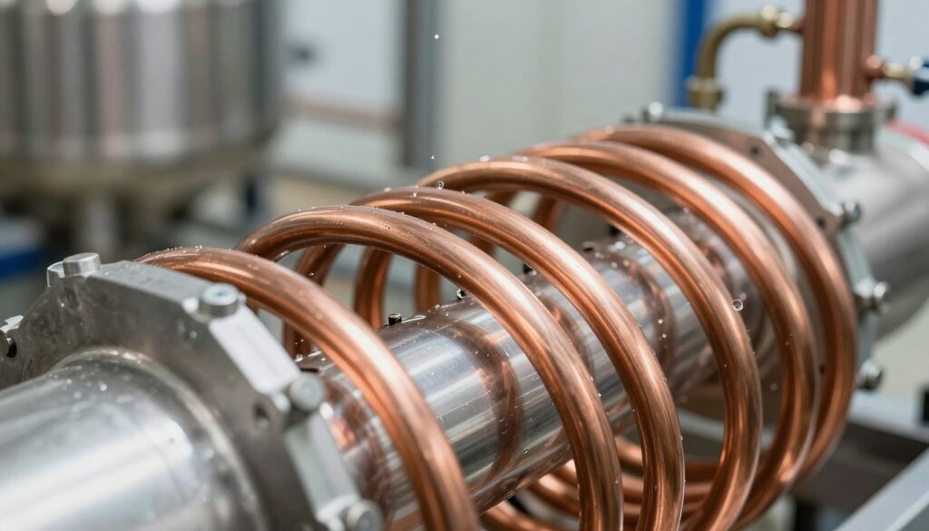 A detailed close-up of a modern condenser, showcasing its intricate design and dual tubing structure. The foreground features gleaming copper coils intertwined among steel fixtures, emphasizing the technology involved in cooling processes. In the middle, soft reflections highlight the efficiency and quality of materials used, while water droplets suggest active condensation, adding a dynamic element. The background is softly blurred, alluding to the distillation setup without detracting from the focal point. Bright, natural lighting enhances the metallic surfaces, conveying a clean, professional atmosphere. Capture this image from a slightly elevated angle to showcase depth, while maintaining a sharp focus on the condenser to illustrate the essential role it plays in the distillation system's performance. A detailed close-up of a modern condenser, showcasing its intricate design and dual tubing structure. The foreground features gleaming copper coils intertwined among steel fixtures, emphasizing the technology involved in cooling processes. In the middle, soft reflections highlight the efficiency and quality of materials used, while water droplets suggest active condensation, adding a dynamic element. The background is softly blurred, alluding to the distillation setup without detracting from the focal point. Bright, natural lighting enhances the metallic surfaces, conveying a clean, professional atmosphere. Capture this image from a slightly elevated angle to showcase depth, while maintaining a sharp focus on the condenser to illustrate the essential role it plays in the distillation system's performance.
