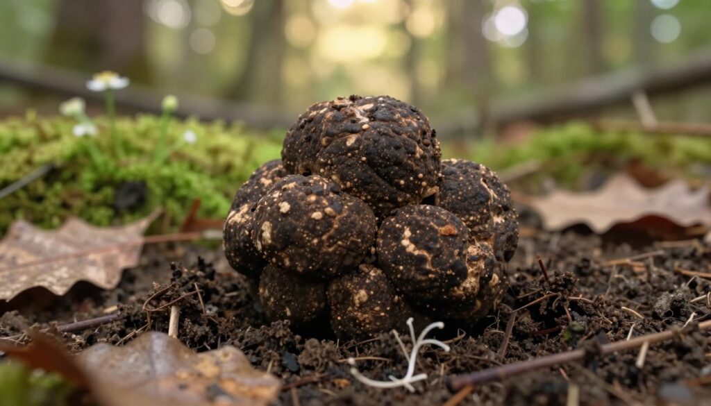 A detailed close-up of a ripe truffle nestled in rich, dark soil, showcasing its rough, textured exterior with subtle shades of brown and tan. In the foreground, include gently scattered fallen leaves and delicate white mushroom strands, hinting at its woodland environment. The middle ground features a faint presence of green moss and tiny wildflowers, creating a natural habitat feel. The background gradually fades to soft focus, capturing the dappled sunlight filtering through a canopy of trees, casting a warm, inviting glow. The scene should evoke a sense of tranquility and connection to nature, clearly illustrating the characteristics of truffles and inviting viewers to appreciate their quality and maturity. A detailed close-up of a ripe truffle nestled in rich, dark soil, showcasing its rough, textured exterior with subtle shades of brown and tan. In the foreground, include gently scattered fallen leaves and delicate white mushroom strands, hinting at its woodland environment. The middle ground features a faint presence of green moss and tiny wildflowers, creating a natural habitat feel. The background gradually fades to soft focus, capturing the dappled sunlight filtering through a canopy of trees, casting a warm, inviting glow. The scene should evoke a sense of tranquility and connection to nature, clearly illustrating the characteristics of truffles and inviting viewers to appreciate their quality and maturity.