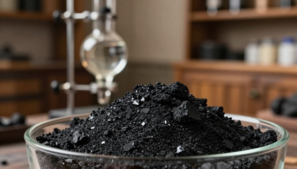 A detailed close-up of activated charcoal (węgiel aktywny) in a glass container, showcasing its granular texture and deep black color. The foreground features small piles of the charcoal, with light reflecting off their shiny surfaces. In the middle ground, there is a distillation apparatus with glass components, elegantly designed to suggest the process of alcohol purification. A faintly blurred background reveals a rustic distillery environment with wooden shelves and barrels, evoking a sense of tradition. Soft, warm lighting illuminates the scene, creating a calm, focused atmosphere. The overall composition emphasizes the scientific and artisanal aspects of alcohol refinement, without any text overlays or distractions. A detailed close-up of activated charcoal (węgiel aktywny) in a glass container, showcasing its granular texture and deep black color. The foreground features small piles of the charcoal, with light reflecting off their shiny surfaces. In the middle ground, there is a distillation apparatus with glass components, elegantly designed to suggest the process of alcohol purification. A faintly blurred background reveals a rustic distillery environment with wooden shelves and barrels, evoking a sense of tradition. Soft, warm lighting illuminates the scene, creating a calm, focused atmosphere. The overall composition emphasizes the scientific and artisanal aspects of alcohol refinement, without any text overlays or distractions.