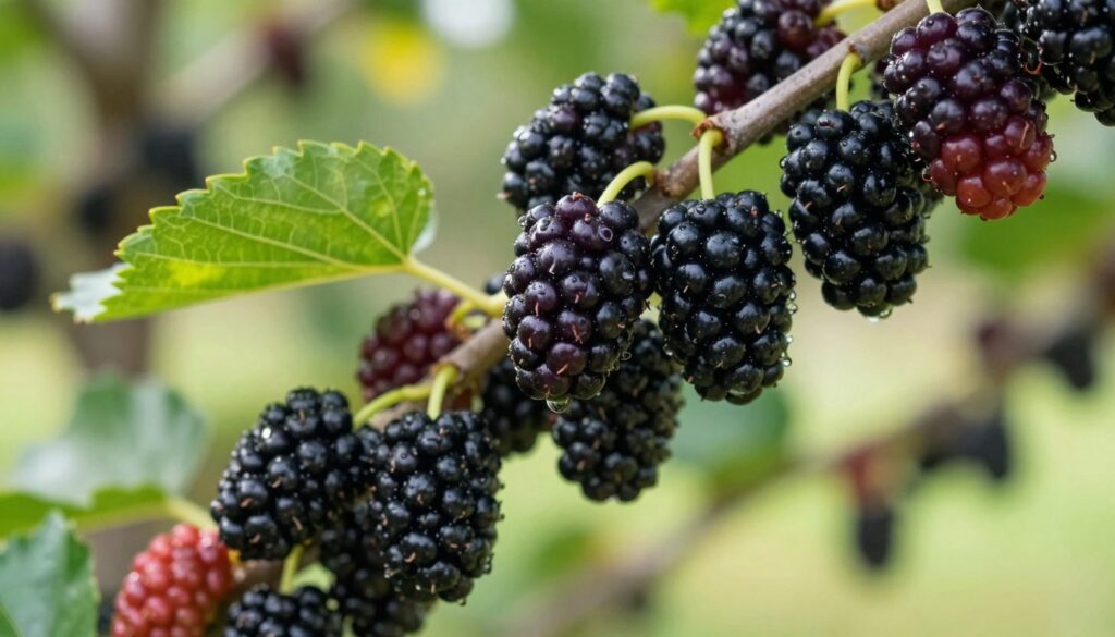 A detailed close-up of ripe black mulberries (morwa czarna) clustered on a branch, showcasing their deep purple-black color and velvety texture. The foreground features fresh, plump berries with a few leaves, creating a vibrant contrast against the soft-focus background of a serene garden. The scene is illuminated by gentle, dappled sunlight that filters through the foliage, highlighting the glistening drops of dew on the fruit. Capture a shallow depth of field to emphasize the plumpness of the berries while blurring the soft greens of the trees behind. The overall mood is peaceful and inviting, perfect for illustrating the natural beauty of black mulberries and providing a clear distinction from their white counterparts. A detailed close-up of ripe black mulberries (morwa czarna) clustered on a branch, showcasing their deep purple-black color and velvety texture. The foreground features fresh, plump berries with a few leaves, creating a vibrant contrast against the soft-focus background of a serene garden. The scene is illuminated by gentle, dappled sunlight that filters through the foliage, highlighting the glistening drops of dew on the fruit. Capture a shallow depth of field to emphasize the plumpness of the berries while blurring the soft greens of the trees behind. The overall mood is peaceful and inviting, perfect for illustrating the natural beauty of black mulberries and providing a clear distinction from their white counterparts.