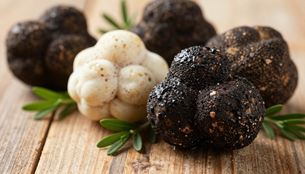 A detailed close-up of various truffle species displayed on a rustic wooden table, with soft, natural lighting highlighting their unique textures. In the foreground, showcase a black truffle, its rough exterior glistening slightly with moisture. Beside it, a white truffle, smooth and pale, rests on a bed of fresh herbs. In the background, other varieties like summer and winter truffles can be subtly faded, giving depth to the composition. The entire scene should be warm and inviting, evoking a sense of gourmet culinary delight. The angle should be slightly tilted to capture the rich details and surfaces of each truffle, presenting them as precious ingredients. A detailed close-up of various truffle species displayed on a rustic wooden table, with soft, natural lighting highlighting their unique textures. In the foreground, showcase a black truffle, its rough exterior glistening slightly with moisture. Beside it, a white truffle, smooth and pale, rests on a bed of fresh herbs. In the background, other varieties like summer and winter truffles can be subtly faded, giving depth to the composition. The entire scene should be warm and inviting, evoking a sense of gourmet culinary delight. The angle should be slightly tilted to capture the rich details and surfaces of each truffle, presenting them as precious ingredients.