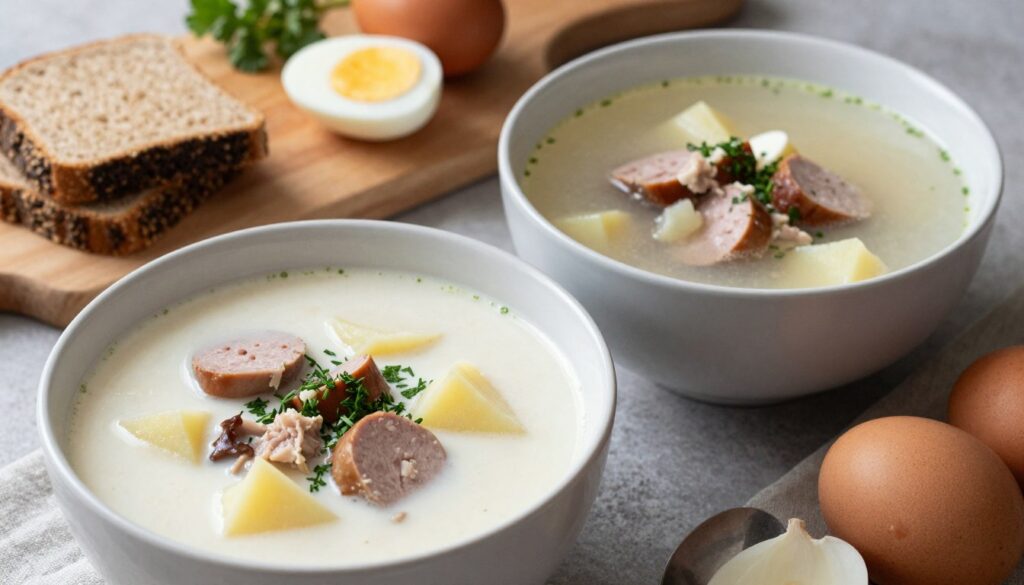 A detailed comparison of two traditional Polish soups: żurek and barszcz biały. In the foreground, showcase two bowls – one filled with żurek, a creamy white soup with pieces of sausage, potatoes, and a sprinkle of fresh herbs; the other filled with barszcz biały, a lighter broth with a hint of garlic, featuring slices of smoked meat. Surround the bowls with traditional accompaniments such as rye bread and hard-boiled eggs. In the background, softly blurred kitchen elements like wooden cutting boards and fresh ingredients enhance the rustic atmosphere. Use warm, natural lighting to create a cozy ambiance, capturing the textures of the ingredients. The angle should be slightly overhead, inviting the viewer into the culinary experience. A detailed comparison of two traditional Polish soups: żurek and barszcz biały. In the foreground, showcase two bowls – one filled with żurek, a creamy white soup with pieces of sausage, potatoes, and a sprinkle of fresh herbs; the other filled with barszcz biały, a lighter broth with a hint of garlic, featuring slices of smoked meat. Surround the bowls with traditional accompaniments such as rye bread and hard-boiled eggs. In the background, softly blurred kitchen elements like wooden cutting boards and fresh ingredients enhance the rustic atmosphere. Use warm, natural lighting to create a cozy ambiance, capturing the textures of the ingredients. The angle should be slightly overhead, inviting the viewer into the culinary experience.