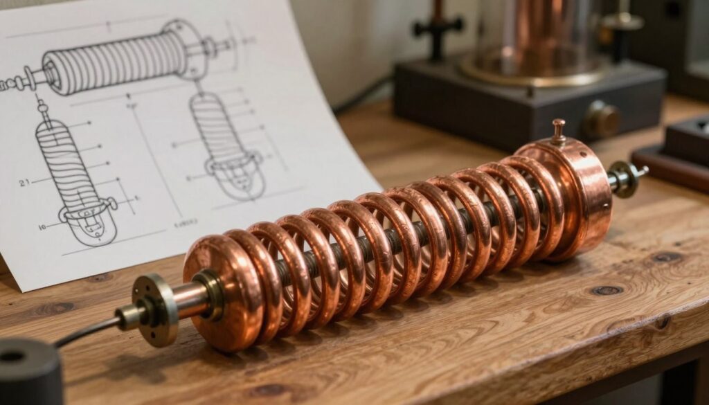A detailed copper worm condenser, elegantly spiraled, resting against a softly lit wooden workbench. In the foreground, the copper coils shine with a warm, amber hue, showcasing their intricate textures and polished surfaces. In the middle ground, there are schematic diagrams illustrating the physics of vapor condensation, such as flow patterns and length effects, cleverly integrated into the scene. The background features a rustic, dimly lit distillation setup with soft shadows, enhancing the focus on the condenser. The atmosphere is one of craftsmanship and scientific inquiry, suggesting a harmonious blend of artisanal skill and engineering precision. Use natural lighting to create a cozy, inviting mood, highlighting the functionality and beauty of the copper worm.
