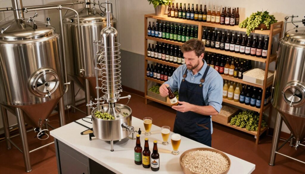 A detailed depiction of the various methods of producing non-alcoholic beer, focusing on the brewing process. In the foreground, a clean, modern brewery setup showcases advanced equipment like fermentation tanks, a distillation apparatus, and hops. In the middle, a brewer dressed in professional attire carefully monitors the brewing process, examining ingredients and making adjustments. The background reveals shelves stocked with bottles of non-alcoholic beer, surrounded by fresh ingredients like malt and hops, illuminated by warm, ambient lighting. Use a slightly elevated angle to capture the overall workflow and technology involved. The atmosphere should be innovative and professional, conveying the techniques behind crafting flavorful non-alcoholic beer. A detailed depiction of the various methods of producing non-alcoholic beer, focusing on the brewing process. In the foreground, a clean, modern brewery setup showcases advanced equipment like fermentation tanks, a distillation apparatus, and hops. In the middle, a brewer dressed in professional attire carefully monitors the brewing process, examining ingredients and making adjustments. The background reveals shelves stocked with bottles of non-alcoholic beer, surrounded by fresh ingredients like malt and hops, illuminated by warm, ambient lighting. Use a slightly elevated angle to capture the overall workflow and technology involved. The atmosphere should be innovative and professional, conveying the techniques behind crafting flavorful non-alcoholic beer.