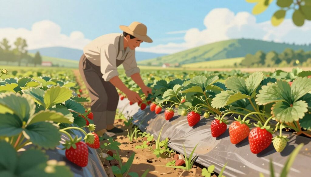 A detailed illustration of the history and cultivation of strawberries, featuring lush strawberry plants laden with ripe, red fruit in the foreground. In the middle ground, a farmer in modest casual clothing carefully tending to the plants, demonstrating traditional cultivation methods. The background depicts a serene landscape with rolling hills and a bright blue sky to suggest various historical eras of strawberry farming. The scene is bathed in warm, golden sunlight, enhancing the vibrant colors of the strawberries and greenery. The image should have a soft focus effect to create a dreamy atmosphere, capturing the rich agricultural heritage of strawberry cultivation throughout history. A detailed illustration of the history and cultivation of strawberries, featuring lush strawberry plants laden with ripe, red fruit in the foreground. In the middle ground, a farmer in modest casual clothing carefully tending to the plants, demonstrating traditional cultivation methods. The background depicts a serene landscape with rolling hills and a bright blue sky to suggest various historical eras of strawberry farming. The scene is bathed in warm, golden sunlight, enhancing the vibrant colors of the strawberries and greenery. The image should have a soft focus effect to create a dreamy atmosphere, capturing the rich agricultural heritage of strawberry cultivation throughout history.