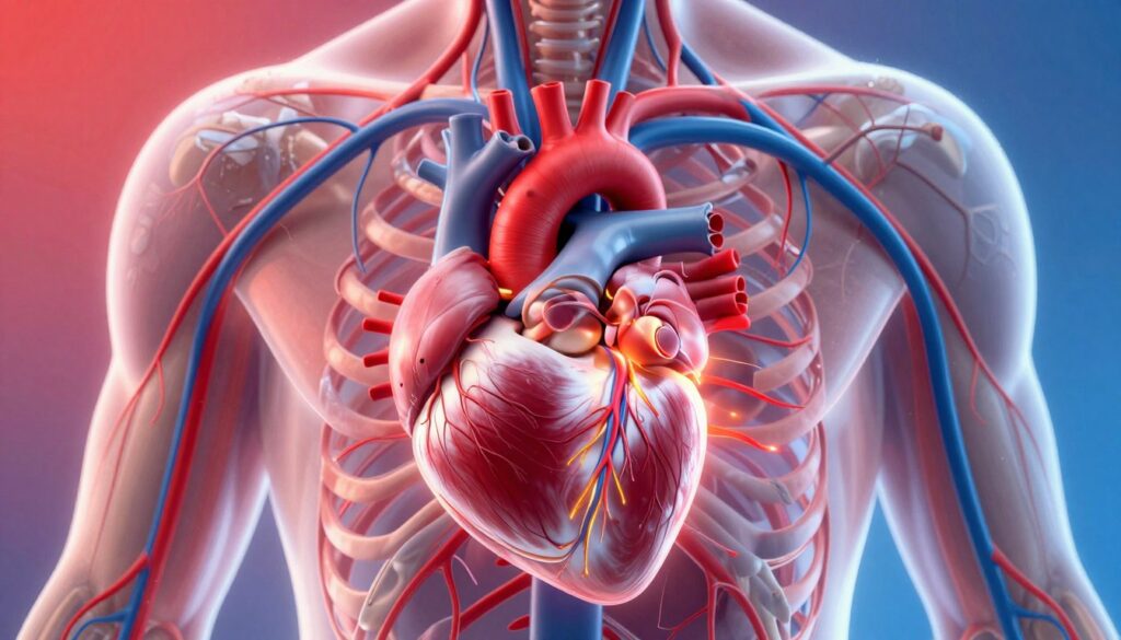 A detailed illustration of the human circulatory system, prominently featuring the heart and arteries. In the foreground, a vibrant red heart, anatomically accurate, beats rhythmically, with veins and arteries radiating outward. The middle section emphasizes the complex network of blood vessels, with a focus on the coronary arteries, highlighted with a glowing effect to symbolize health. The background includes a soft gradient transitioning from warm reds to cool blues, evoking a sense of vitality and life. The lighting is bright and inspiring, casting gentle shadows to add depth. The overall mood is educational and uplifting, aiming to convey the importance of cardiovascular health. The image should be clear, detailed, and engaging, suitable for a scientific article. A detailed illustration of the human circulatory system, prominently featuring the heart and arteries. In the foreground, a vibrant red heart, anatomically accurate, beats rhythmically, with veins and arteries radiating outward. The middle section emphasizes the complex network of blood vessels, with a focus on the coronary arteries, highlighted with a glowing effect to symbolize health. The background includes a soft gradient transitioning from warm reds to cool blues, evoking a sense of vitality and life. The lighting is bright and inspiring, casting gentle shadows to add depth. The overall mood is educational and uplifting, aiming to convey the importance of cardiovascular health. The image should be clear, detailed, and engaging, suitable for a scientific article.
