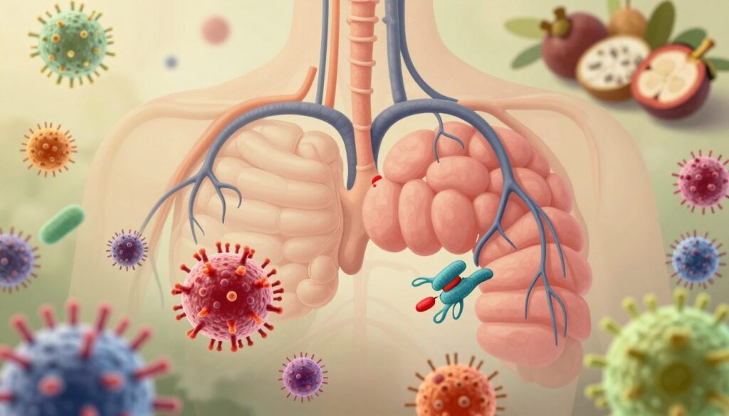 A detailed illustration of the immune system, highlighting its complex interactions and components. In the foreground, showcase vibrant immune cells like lymphocytes and macrophages in action, engaging with pathogens. In the middle ground, depict a stylized representation of lymphatic pathways, symbolically illustrated to represent their function in defense. In the background, integrate abstract elements such as fruits, especially the exotic miechunka, subtly blending into the scene to illustrate their impact on immunity. Use soft, natural lighting to create a warm and inviting atmosphere, capturing the essence of health and vitality. The viewpoint should be slightly angled from above, giving depth to the layers and emphasizing the dynamic nature of the immune response. A detailed illustration of the immune system, highlighting its complex interactions and components. In the foreground, showcase vibrant immune cells like lymphocytes and macrophages in action, engaging with pathogens. In the middle ground, depict a stylized representation of lymphatic pathways, symbolically illustrated to represent their function in defense. In the background, integrate abstract elements such as fruits, especially the exotic miechunka, subtly blending into the scene to illustrate their impact on immunity. Use soft, natural lighting to create a warm and inviting atmosphere, capturing the essence of health and vitality. The viewpoint should be slightly angled from above, giving depth to the layers and emphasizing the dynamic nature of the immune response.