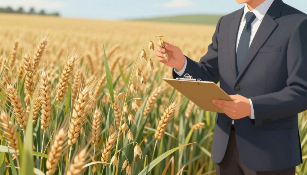 A detailed illustration of the mechanism of cross-contamination in oat cultivation. In the foreground, show a close-up of oat plants with healthy grains, highlighting their distinctive tufts and green leaves. In the middle ground, depict a farmer wearing a professional business attire, examining the oats while holding a clipboard, symbolizing care and monitoring. In the background, illustrate contrasting fields with wheat plants, which typically contain gluten, emphasizing the potential for cross-contamination. Soft, natural lighting casts gentle shadows, enhancing the depth of the scene. The setting should convey a sense of awareness and education about gluten contamination risks in oat crops, with a calm and professional atmosphere that emphasizes agricultural responsibility. A detailed illustration of the mechanism of cross-contamination in oat cultivation. In the foreground, show a close-up of oat plants with healthy grains, highlighting their distinctive tufts and green leaves. In the middle ground, depict a farmer wearing a professional business attire, examining the oats while holding a clipboard, symbolizing care and monitoring. In the background, illustrate contrasting fields with wheat plants, which typically contain gluten, emphasizing the potential for cross-contamination. Soft, natural lighting casts gentle shadows, enhancing the depth of the scene. The setting should convey a sense of awareness and education about gluten contamination risks in oat crops, with a calm and professional atmosphere that emphasizes agricultural responsibility.
