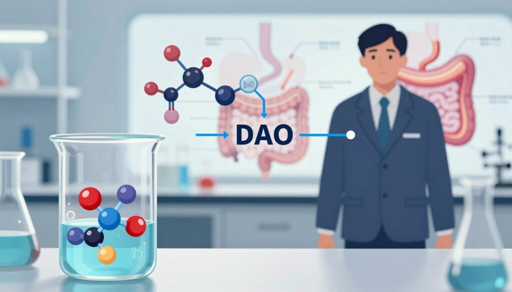 A detailed illustration of the mechanism of histamine intolerance, showing the role of the enzyme DAO (diamine oxidase). In the foreground, depict a laboratory setting with a beaker containing histamine molecules, represented as colorful, stylized chemical structures. In the middle ground, illustrate a human silhouette in professional attire, with highlighted pathways connecting DAO to histamine, symbolizing the biochemical interactions. In the background, softly focus on a diagrammatic representation of the digestive system, subtly integrated with scientific symbols. The lighting should be bright and clear, emphasizing the scientific nature of the scene, with a balanced composition that guides the viewer's eye through the layers. The mood is informative and educational, inviting discovery. A detailed illustration of the mechanism of histamine intolerance, showing the role of the enzyme DAO (diamine oxidase). In the foreground, depict a laboratory setting with a beaker containing histamine molecules, represented as colorful, stylized chemical structures. In the middle ground, illustrate a human silhouette in professional attire, with highlighted pathways connecting DAO to histamine, symbolizing the biochemical interactions. In the background, softly focus on a diagrammatic representation of the digestive system, subtly integrated with scientific symbols. The lighting should be bright and clear, emphasizing the scientific nature of the scene, with a balanced composition that guides the viewer's eye through the layers. The mood is informative and educational, inviting discovery.