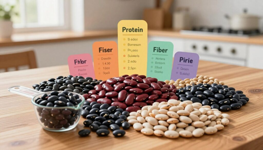 A detailed illustration of various types of beans, such as black beans, kidney beans, navy beans, and pinto beans, arranged artistically on a wooden table. In the foreground, include a measuring cup filled with cooked beans to highlight protein content. The middle ground should feature a colorful infographic-style display of nutritional values, such as protein, fiber, and mineral content, creatively integrated around the beans. The background should consist of a softly blurred kitchen setting, with natural light streaming in from a nearby window, creating a warm and inviting atmosphere. Focus on textures and colors, emphasizing the glossy surface of the beans and the wooden grain of the table. Aim for a bright and educational mood that draws the viewer's attention to the nutritional aspects of beans without distractions. A detailed illustration of various types of beans, such as black beans, kidney beans, navy beans, and pinto beans, arranged artistically on a wooden table. In the foreground, include a measuring cup filled with cooked beans to highlight protein content. The middle ground should feature a colorful infographic-style display of nutritional values, such as protein, fiber, and mineral content, creatively integrated around the beans. The background should consist of a softly blurred kitchen setting, with natural light streaming in from a nearby window, creating a warm and inviting atmosphere. Focus on textures and colors, emphasizing the glossy surface of the beans and the wooden grain of the table. Aim for a bright and educational mood that draws the viewer's attention to the nutritional aspects of beans without distractions.