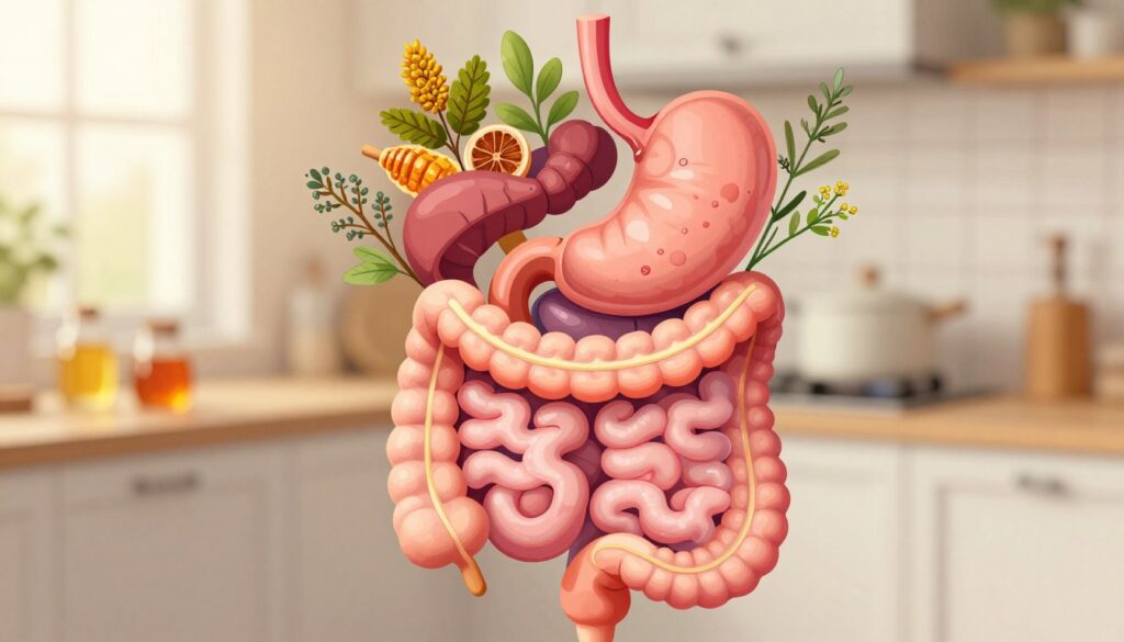 A detailed illustration representing digestive system disorders, featuring a visually striking depiction of the human digestive tract in vibrant colors. In the foreground, an anatomically accurate diagram of the stomach and intestines highlights common issues, like inflammation or blockages. The middle ground showcases botanical elements such as propolis, honey, and herbs associated with digestive health, artistically arranged to symbolize natural remedies. The background consists of soft, blurred representations of a serene kitchen scene, conveying a sense of home and wellness. The lighting is warm and inviting, with a soft focus effect to create a tranquil atmosphere. The overall mood should inspire hope and knowledge, emphasizing the importance of natural remedies for digestive health. A detailed illustration representing digestive system disorders, featuring a visually striking depiction of the human digestive tract in vibrant colors. In the foreground, an anatomically accurate diagram of the stomach and intestines highlights common issues, like inflammation or blockages. The middle ground showcases botanical elements such as propolis, honey, and herbs associated with digestive health, artistically arranged to symbolize natural remedies. The background consists of soft, blurred representations of a serene kitchen scene, conveying a sense of home and wellness. The lighting is warm and inviting, with a soft focus effect to create a tranquil atmosphere. The overall mood should inspire hope and knowledge, emphasizing the importance of natural remedies for digestive health.