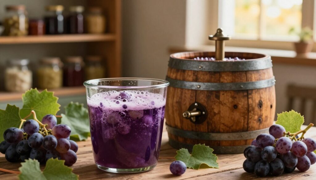 A detailed image showcasing the fermentation process of grapes in a rustic setting. In the foreground, a clear glass container filled with bubbling grape must, exhibiting vibrant purple hues and frothy foam. Surrounding the container, various natural elements like grape bunches and green leaves, enhancing the organic feel. In the middle ground, a wooden fermentation barrel sits with a traditional airlock, capturing the essence of artisanal fermentation. The background features soft-focus shelves with jars of homemade preserves and a window letting in warm, golden sunlight, creating a cozy atmosphere. The scene captures a sense of tradition and craftsmanship, reflective of nature and the transformative process of fermentation, inviting viewers into the world of winemaking. A detailed image showcasing the fermentation process of grapes in a rustic setting. In the foreground, a clear glass container filled with bubbling grape must, exhibiting vibrant purple hues and frothy foam. Surrounding the container, various natural elements like grape bunches and green leaves, enhancing the organic feel. In the middle ground, a wooden fermentation barrel sits with a traditional airlock, capturing the essence of artisanal fermentation. The background features soft-focus shelves with jars of homemade preserves and a window letting in warm, golden sunlight, creating a cozy atmosphere. The scene captures a sense of tradition and craftsmanship, reflective of nature and the transformative process of fermentation, inviting viewers into the world of winemaking.