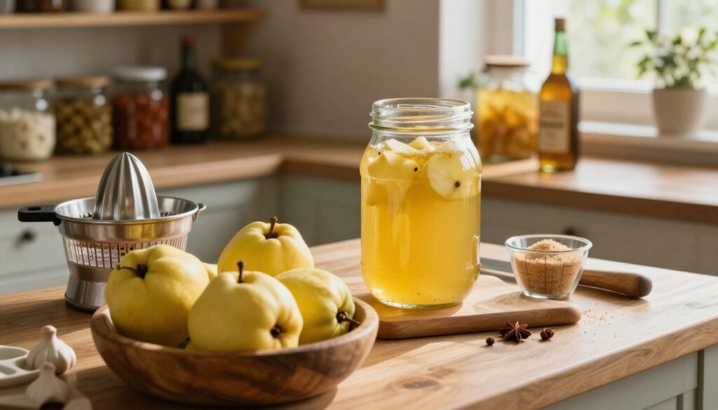 A detailed kitchen scene showcasing the step-by-step process of preparing Pigwówka na bimbrze, featuring ripe quinces in the foreground, displayed in a rustic wooden bowl, with a juicer and measuring cup next to them. In the middle ground, a glass jar filled with the bright yellow quince infusion sits on a wooden countertop, surrounded by ingredients like sugar, spices, and a bottle of bimber. In the background, shelves lined with various jars and bottles, creating a warm and inviting atmosphere. Soft, natural lighting filters through a window, casting gentle shadows and highlights on the scene. Capture the cozy essence of home cooking, emphasizing the aromatic qualities and the artisanal nature of the process. A detailed kitchen scene showcasing the step-by-step process of preparing Pigwówka na bimbrze, featuring ripe quinces in the foreground, displayed in a rustic wooden bowl, with a juicer and measuring cup next to them. In the middle ground, a glass jar filled with the bright yellow quince infusion sits on a wooden countertop, surrounded by ingredients like sugar, spices, and a bottle of bimber. In the background, shelves lined with various jars and bottles, creating a warm and inviting atmosphere. Soft, natural lighting filters through a window, casting gentle shadows and highlights on the scene. Capture the cozy essence of home cooking, emphasizing the aromatic qualities and the artisanal nature of the process.
