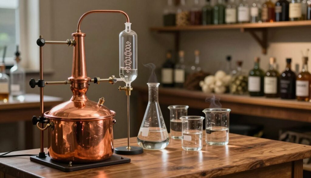 A detailed laboratory scene showcasing the process of double distillation of spirits. In the foreground, a shiny copper pot still with intricate piping connected to a condenser, alight with reflections from the flames below. In the middle ground, glass distillation flasks and beakers filled with clear liquid, illustrating the purification process, are arranged on a sturdy wooden table. The background features shelves filled with various herbs and ingredients used for flavoring spirits, softly illuminated by warm, ambient lighting, creating a cozy yet professional atmosphere. The overall mood is one of craftsmanship and precision, capturing the art and science of distillation, with a focus on clarity and detail.