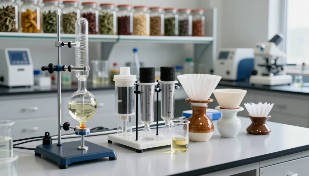 A detailed laboratory setting featuring advanced filtration techniques for distillate purification. In the foreground, a modern distillation apparatus with glass tubes and beakers showcasing liquid transitions. In the middle, various filtration devices like activated carbon filters, ceramic filters, and paper filters arranged neatly on a polished countertop, reflecting light. The background features shelves stocked with jars filled with herbs and spices for flavor infusion, along with professional laboratory equipment. Soft, natural lighting highlights the clarity of the liquids and the intricate designs of the filtration systems, creating a clean and scientific atmosphere. The overall mood suggests innovation and precision in the art of distillation.