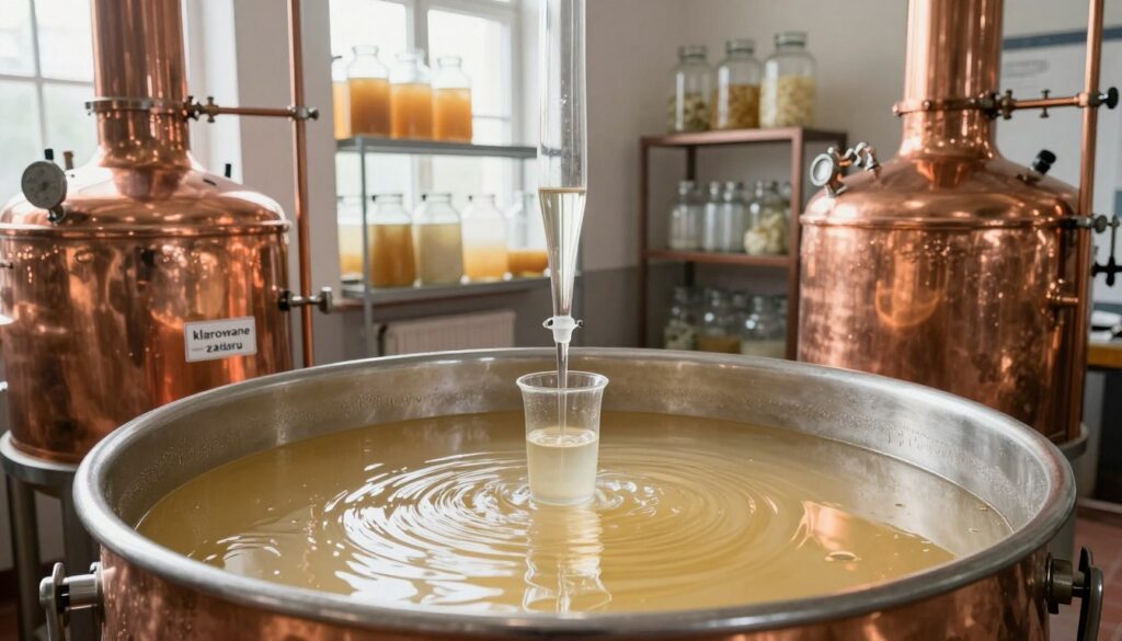 A detailed scene depicting the process of "klarowanie zacieru" in a well-lit distillery. In the foreground, a large vat filled with a cloudy, golden liquid, with condensation forming on the sides. This vat is surrounded by clean, polished copper distillation equipment, beautifully reflecting the soft light from overhead. In the middle, distillation tubes transport clear liquid from the vat to a glass container, showcasing the clarity transformation. In the background, shelves lined with glass carboys filled with fermented materials while sunlight streams through large windows, creating an inviting warmth. The atmosphere is professional yet approachable, emphasizing the significance of clarity after fermentation in a relaxed, educational environment. Focus on rich textures and warm colors to evoke a sense of craftsmanship and tradition in distillation. A detailed scene depicting the process of "klarowanie zacieru" in a well-lit distillery. In the foreground, a large vat filled with a cloudy, golden liquid, with condensation forming on the sides. This vat is surrounded by clean, polished copper distillation equipment, beautifully reflecting the soft light from overhead. In the middle, distillation tubes transport clear liquid from the vat to a glass container, showcasing the clarity transformation. In the background, shelves lined with glass carboys filled with fermented materials while sunlight streams through large windows, creating an inviting warmth. The atmosphere is professional yet approachable, emphasizing the significance of clarity after fermentation in a relaxed, educational environment. Focus on rich textures and warm colors to evoke a sense of craftsmanship and tradition in distillation.