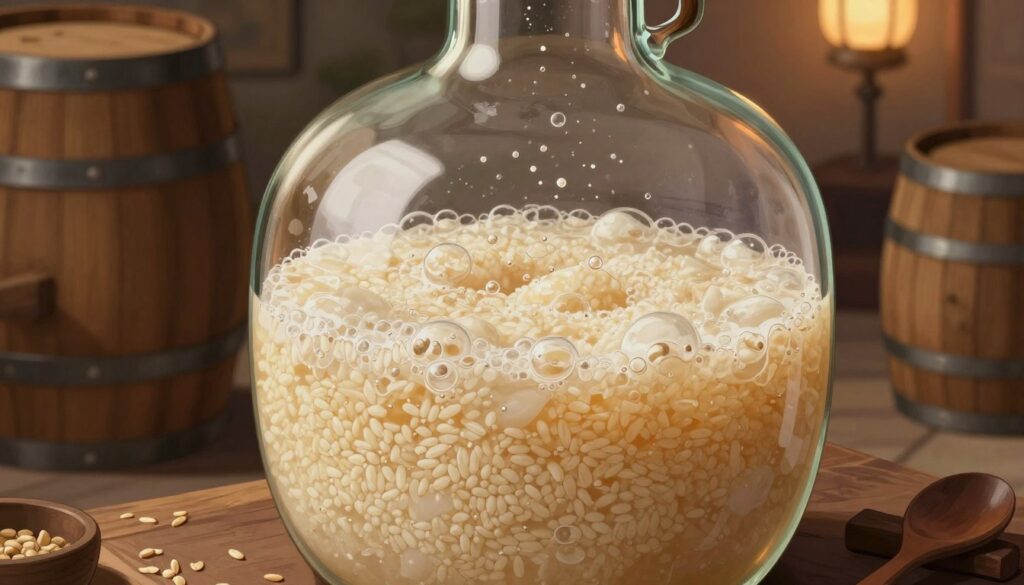 A detailed, scientific illustration of the fermentation process for rice alcohol, focusing on a large glass fermentation vessel filled with bubbling rice mash. In the foreground, include detailed textures of the rice grains and active yeast particles, with tiny bubbles rising to the surface. The middle ground features the fermentation vessel surrounded by wooden barrels and tools, creating a rustic atmosphere. The background shows a dimly lit, warm-toned brewery setting with soft ambient light highlighting the fermentation process, creating an inviting and rich atmosphere. Capture this scene from a slightly elevated angle to emphasize the brewing activity, conveying the complexity and artistry involved in alcohol fermentation. A detailed, scientific illustration of the fermentation process for rice alcohol, focusing on a large glass fermentation vessel filled with bubbling rice mash. In the foreground, include detailed textures of the rice grains and active yeast particles, with tiny bubbles rising to the surface. The middle ground features the fermentation vessel surrounded by wooden barrels and tools, creating a rustic atmosphere. The background shows a dimly lit, warm-toned brewery setting with soft ambient light highlighting the fermentation process, creating an inviting and rich atmosphere. Capture this scene from a slightly elevated angle to emphasize the brewing activity, conveying the complexity and artistry involved in alcohol fermentation.