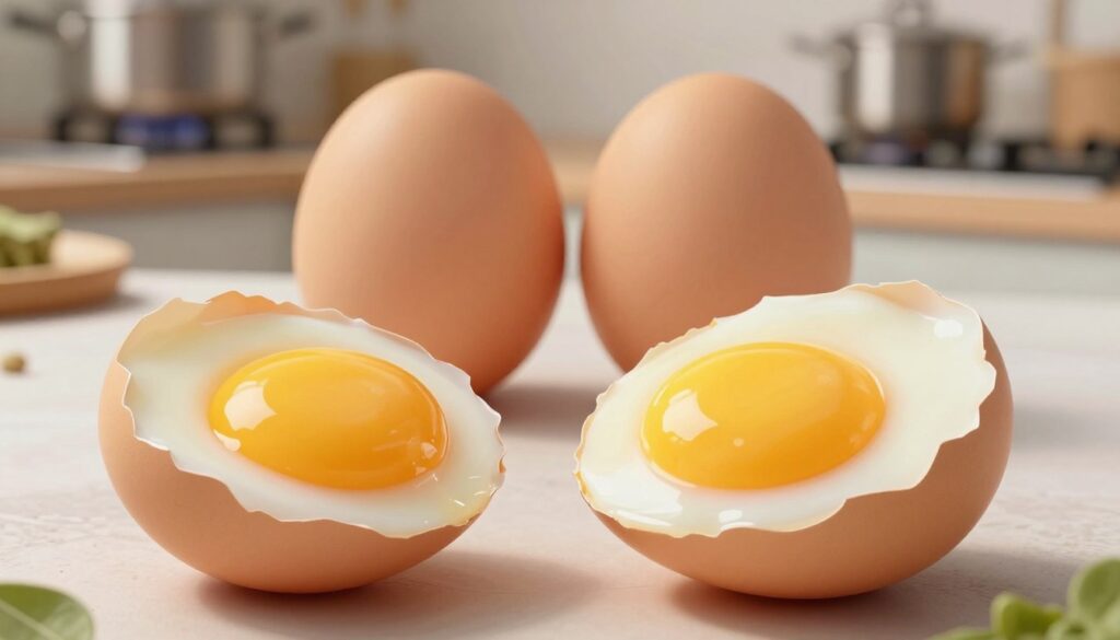 A detailed scientific illustration showcasing the effects of thermal processing on nutrient absorption in eggs. In the foreground, depict a perfectly cooked egg, split open, revealing a vibrant, yellow yolk and firm egg white, glistening under soft, natural light. In the middle ground, include a comparison of raw and cooked eggs side by side, emphasizing texture differences. In the background, subtly integrate a kitchen setting with cookware and ingredients, conveying a warm and inviting atmosphere. Use a shallow depth of field to focus on the eggs while blurring the kitchen elements for a professional look. The overall mood should be informative and educational, highlighting the importance of thermal treatment in enhancing nutrient availability. A detailed scientific illustration showcasing the effects of thermal processing on nutrient absorption in eggs. In the foreground, depict a perfectly cooked egg, split open, revealing a vibrant, yellow yolk and firm egg white, glistening under soft, natural light. In the middle ground, include a comparison of raw and cooked eggs side by side, emphasizing texture differences. In the background, subtly integrate a kitchen setting with cookware and ingredients, conveying a warm and inviting atmosphere. Use a shallow depth of field to focus on the eggs while blurring the kitchen elements for a professional look. The overall mood should be informative and educational, highlighting the importance of thermal treatment in enhancing nutrient availability.