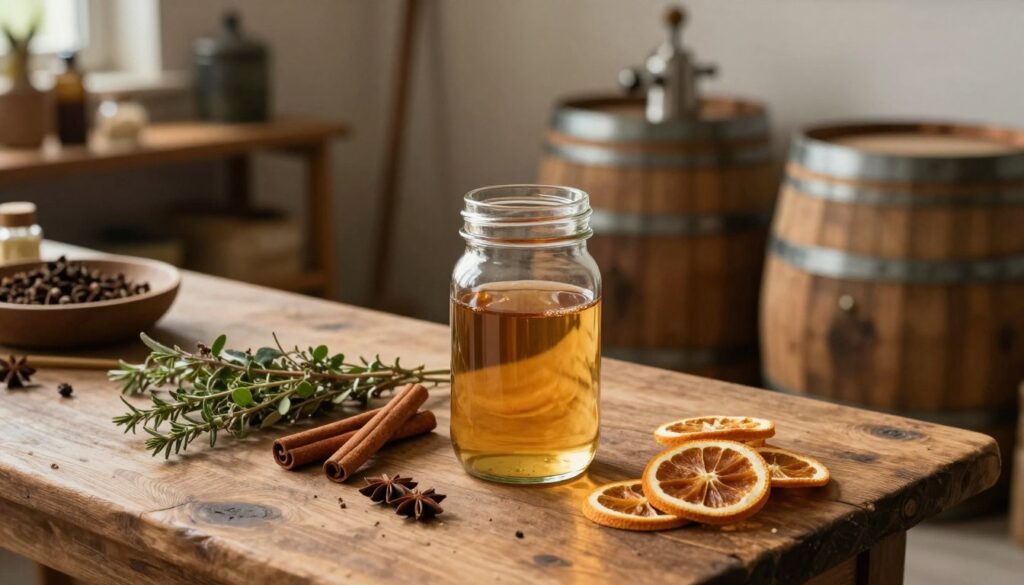 A detailed setup of a home distillery scene focusing on the art of whisky-making from raw ingredients. In the foreground, highlight a glass jar filled with freshly distilled bimber, its golden color shimmering in soft natural light. Surround it with a selection of herbs and spices used for flavoring, such as cinnamon sticks and dried orange peels. The middle ground features a rustic wooden table with whisky barrels, showcasing the aging process. In the background, softly lit shelves display tools and ingredients, adding depth to the scene. Use warm, inviting lighting to create a cozy, artisanal atmosphere. The angle should provide a slightly elevated view, emphasizing the craft of whisky production.