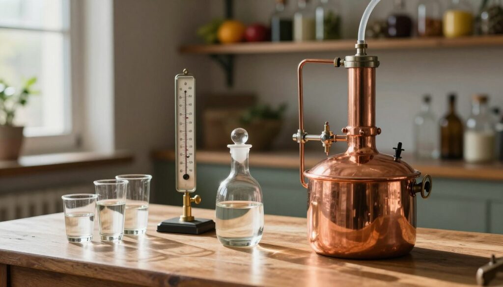 A detailed still life composition showcasing essential distillation equipment on a wooden table. In the foreground, a shiny copper pot still with intricate tubing, standing beside glass containers filled with various clear liquid samples. The middle ground features a vintage thermometer and measuring tools, providing a sense of precision and professionalism. The background is softly blurred, revealing shelves lined with herbs and fruits used for flavoring. Natural light streams in from a nearby window, casting soft shadows and highlighting the polished surfaces of the equipment. The atmosphere is warm and inviting, emphasizing craftsmanship and the art of distillation. Ensure no human figures are present in the image.
