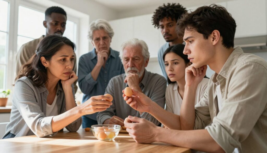 A diverse group of people, representing at-risk populations, gathered around a kitchen table, examining raw eggs with expressions of concern and thoughtfulness. Foreground: A middle-aged woman in professional attire, cautiously holding an egg, while a young man in casual clothing provides information. Middle: A diverse mix of individuals, including an elderly man and a pregnant woman, all observing the eggs, highlighting vulnerability. Background: A well-lit, modern kitchen setting with sunlight streaming through a window, casting soft shadows. The mood is serious yet informative, emphasizing the importance of food safety. Use a wide-angle lens to capture the entire scene, creating an inviting atmosphere while maintaining a focus on the individuals and the eggs. A diverse group of people, representing at-risk populations, gathered around a kitchen table, examining raw eggs with expressions of concern and thoughtfulness. Foreground: A middle-aged woman in professional attire, cautiously holding an egg, while a young man in casual clothing provides information. Middle: A diverse mix of individuals, including an elderly man and a pregnant woman, all observing the eggs, highlighting vulnerability. Background: A well-lit, modern kitchen setting with sunlight streaming through a window, casting soft shadows. The mood is serious yet informative, emphasizing the importance of food safety. Use a wide-angle lens to capture the entire scene, creating an inviting atmosphere while maintaining a focus on the individuals and the eggs.