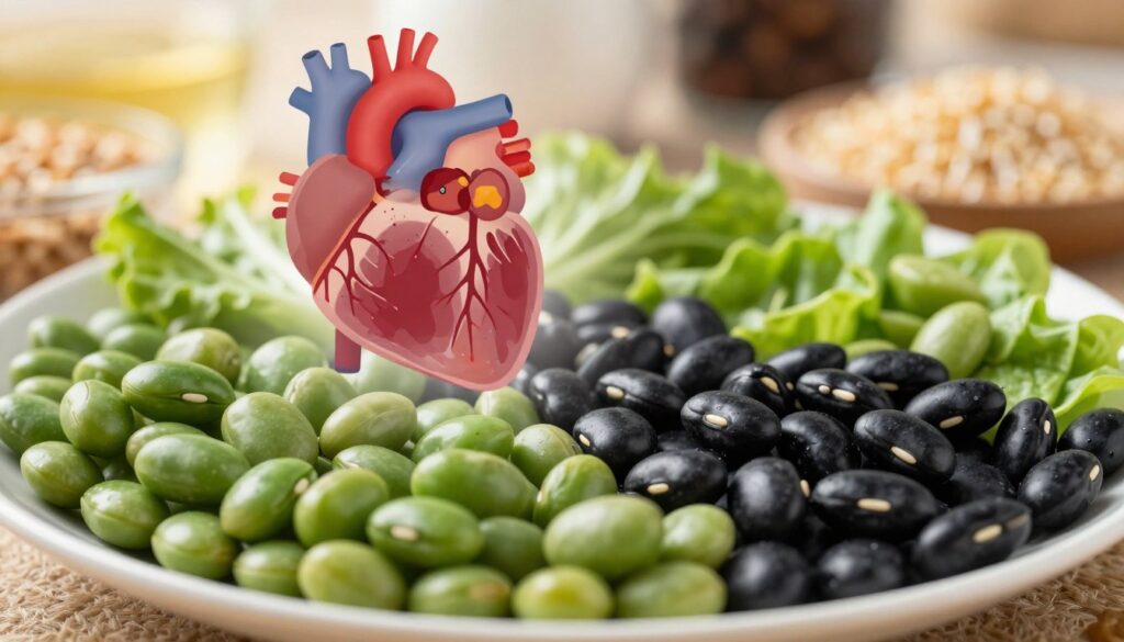 A dynamic and informative visualization of the impact of beans on the cardiovascular system and glucose levels. In the foreground, a close-up of a healthy plate featuring vibrant green and black beans alongside fresh vegetables, emphasizing their nutritional value. In the middle ground, a stylized graphic representation of the human heart and blood vessels, showcasing how these foods interact within the body to influence blood flow and glucose levels. In the background, a soft-focus depiction of whole grains and other legumes, symbolizing overall health and nutrition. The lighting is warm and inviting, highlighting the freshness of the beans and promoting a positive, health-conscious atmosphere. The angle is slightly tilted, creating an engaging, informative look that draws the viewer's attention to the connection between diet and health.