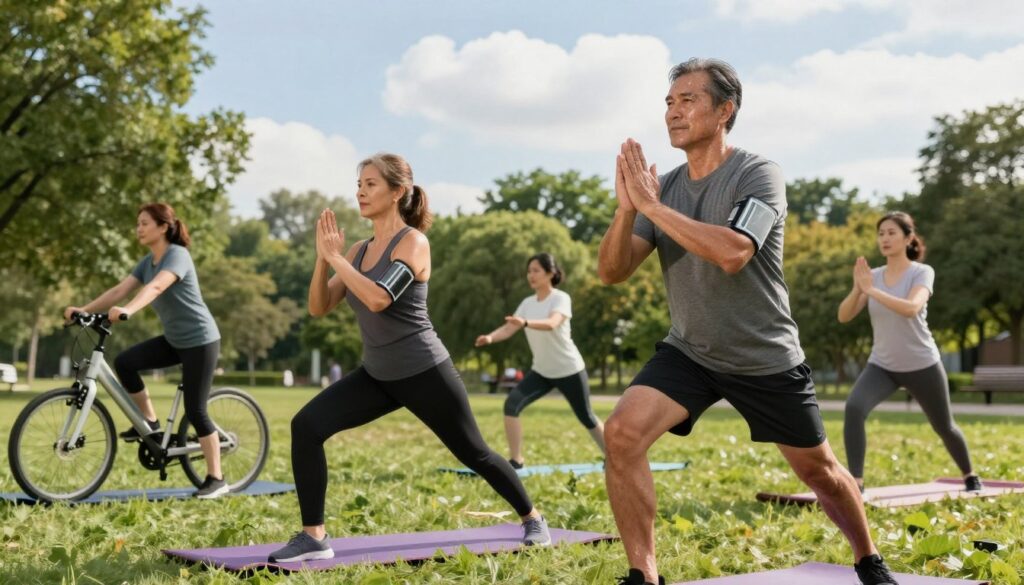 A fit, athletic middle-aged man and woman engaging in physical exercise outdoors, showcasing various activities such as jogging, cycling, and yoga amidst a sunlit park setting. The foreground features the couple in dynamic poses, sweat glistening on their brows, embodying energy and vitality. In the middle ground, other individuals partake in different forms of exercise, illustrating a vibrant community atmosphere promoting health and fitness. The background consists of lush greenery, trees, and an inviting blue sky with fluffy clouds, creating an uplifting ambiance. Soft, natural lighting enhances the scene, evoking a sense of motivation and well-being, capturing the vital role of physical activity in stabilizing blood pressure. Use a slightly low angle to emphasize their movements and the enthusiastic spirit of the environment. A fit, athletic middle-aged man and woman engaging in physical exercise outdoors, showcasing various activities such as jogging, cycling, and yoga amidst a sunlit park setting. The foreground features the couple in dynamic poses, sweat glistening on their brows, embodying energy and vitality. In the middle ground, other individuals partake in different forms of exercise, illustrating a vibrant community atmosphere promoting health and fitness. The background consists of lush greenery, trees, and an inviting blue sky with fluffy clouds, creating an uplifting ambiance. Soft, natural lighting enhances the scene, evoking a sense of motivation and well-being, capturing the vital role of physical activity in stabilizing blood pressure. Use a slightly low angle to emphasize their movements and the enthusiastic spirit of the environment.