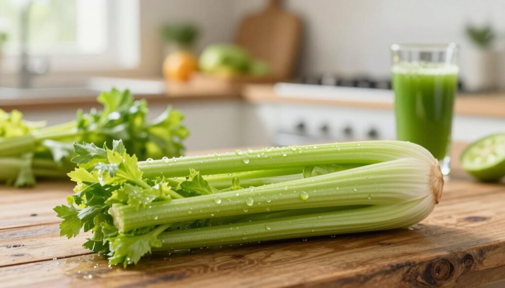 A fresh bundle of celery sitting on a rustic wooden table, with droplets of water glistening on its green stalks, symbolizing health and vitality. In the background, a blurred kitchen setting filled with fresh ingredients like vegetables and fruits, softly lit by natural sunlight streaming through a window, creating a warm and inviting atmosphere. The foreground focuses on the celery, emphasizing its vibrant color and crisp texture, while a glass of refreshing green juice made from celery and other vegetables can be faintly seen in the background. The overall mood is serene and wholesome, suggesting the benefits of celery in weight loss and detoxification, evoking a sense of freshness and rejuvenation. A fresh bundle of celery sitting on a rustic wooden table, with droplets of water glistening on its green stalks, symbolizing health and vitality. In the background, a blurred kitchen setting filled with fresh ingredients like vegetables and fruits, softly lit by natural sunlight streaming through a window, creating a warm and inviting atmosphere. The foreground focuses on the celery, emphasizing its vibrant color and crisp texture, while a glass of refreshing green juice made from celery and other vegetables can be faintly seen in the background. The overall mood is serene and wholesome, suggesting the benefits of celery in weight loss and detoxification, evoking a sense of freshness and rejuvenation.