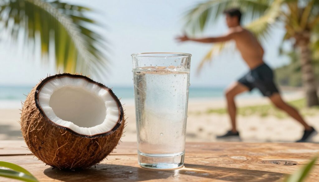 A fresh coconut filled with clear coconut water sits prominently in the foreground, glistening under soft, natural sunlight. In the middle, a sleek glass filled with coconut water is placed on a wooden outdoor table, with droplets of condensation beading on the glass. Surrounding this, vibrant green palm leaves gently sway, suggesting a tropical paradise atmosphere. In the background, a blurred image of a sportsperson in modest athletic wear works out, capturing the essence of an active lifestyle. The composition should evoke a sense of refreshment and rejuvenation, highlighting coconut water as a natural isotonic drink for athletes. The image should have a warm, inviting light with a slight bokeh effect on the background, focusing attention on the coconut water and its energetic appeal. A fresh coconut filled with clear coconut water sits prominently in the foreground, glistening under soft, natural sunlight. In the middle, a sleek glass filled with coconut water is placed on a wooden outdoor table, with droplets of condensation beading on the glass. Surrounding this, vibrant green palm leaves gently sway, suggesting a tropical paradise atmosphere. In the background, a blurred image of a sportsperson in modest athletic wear works out, capturing the essence of an active lifestyle. The composition should evoke a sense of refreshment and rejuvenation, highlighting coconut water as a natural isotonic drink for athletes. The image should have a warm, inviting light with a slight bokeh effect on the background, focusing attention on the coconut water and its energetic appeal.