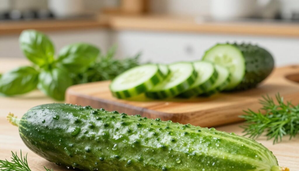 A fresh cucumber, vibrant green and beautifully textured, occupies the foreground, glistening with dew. The middle ground features a rustic wooden cutting board with finely chopped cucumber slices, showcasing their crispness and vivid color. Surrounding the board, a collection of kitchen herbs—basil and dill—adds freshness and a touch of color. In the background, a softly blurred kitchen setting with warm, natural light creates a cozy atmosphere, hinting at a homey cooking space. A subtle depth of field effect draws the viewer's focus to the cucumber while maintaining a serene and inviting kitchen ambiance. The overall mood is fresh, inviting, and culinary-focused, perfect for illustrating the culinary significance of cucumbers. A fresh cucumber, vibrant green and beautifully textured, occupies the foreground, glistening with dew. The middle ground features a rustic wooden cutting board with finely chopped cucumber slices, showcasing their crispness and vivid color. Surrounding the board, a collection of kitchen herbs—basil and dill—adds freshness and a touch of color. In the background, a softly blurred kitchen setting with warm, natural light creates a cozy atmosphere, hinting at a homey cooking space. A subtle depth of field effect draws the viewer's focus to the cucumber while maintaining a serene and inviting kitchen ambiance. The overall mood is fresh, inviting, and culinary-focused, perfect for illustrating the culinary significance of cucumbers.