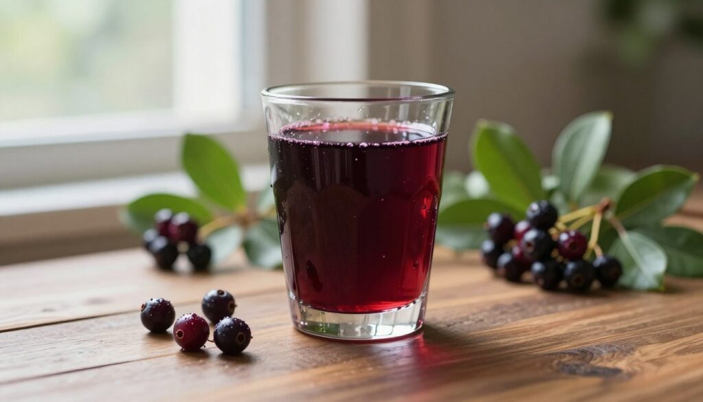 A fresh, glass of deep purple aronia juice sits elegantly on a wooden table, reflecting the richness of the berries. The foreground features a few scattered, whole aronia berries, glistening with dew, adding a touch of nature. In the middle background, a soft-focus shot of green leaves suggests the berries' origin, creating a natural feel. Delicate sunlight filters through a nearby window, casting gentle highlights on the glass and illuminating the juice, making it appear vibrant and inviting. The overall atmosphere is calm and health-focused, conveying a sense of wellness and daily routine. The composition employs a shallow depth of field, drawing attention to the juice while allowing the background to remain pleasantly blurred.