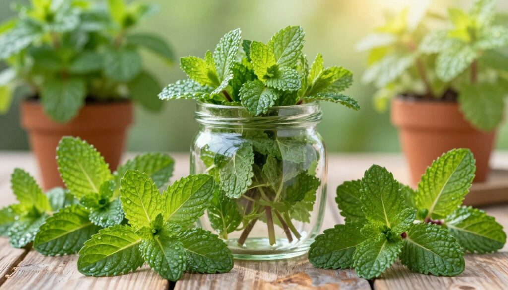 A fresh selection of mint varieties prominently displayed in a rustic wooden setting. In the foreground, vibrant green mint leaves with visible water droplets, showcasing their freshness and texture. The middle section features an elegant glass jar filled with a mix of mint types like spearmint and peppermint, highlighted by soft sunlight filtering through, adding a warm glow. The background includes blurred hints of herb pots, emphasizing the garden's natural atmosphere. The image is captured with a shallow depth of field to focus on the mint while creating a soft bokeh effect. The overall mood is refreshing and invigorating, evoking feelings of a serene herbal garden ready for crafting a herbal liqueur, with bright, natural lighting enhancing the vibrant greens. A fresh selection of mint varieties prominently displayed in a rustic wooden setting. In the foreground, vibrant green mint leaves with visible water droplets, showcasing their freshness and texture. The middle section features an elegant glass jar filled with a mix of mint types like spearmint and peppermint, highlighted by soft sunlight filtering through, adding a warm glow. The background includes blurred hints of herb pots, emphasizing the garden's natural atmosphere. The image is captured with a shallow depth of field to focus on the mint while creating a soft bokeh effect. The overall mood is refreshing and invigorating, evoking feelings of a serene herbal garden ready for crafting a herbal liqueur, with bright, natural lighting enhancing the vibrant greens.