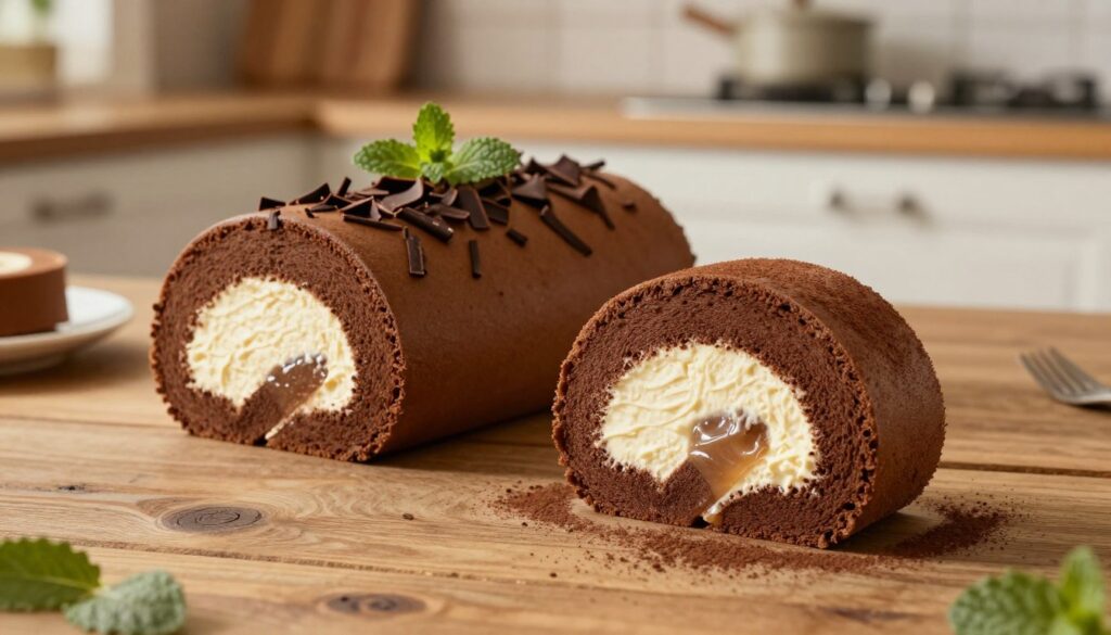 A freshly baked chocolate roll cake, sliced to reveal its light and airy texture and creamy filling, is displayed on a rustic wooden table. The foreground features a single slice, showcasing the rich chocolate layers and glossy cream center, with delicate cocoa powder dusting on top. In the middle, a whole chocolate roll, elegantly adorned with chocolate shavings and a subtle mint leaf for contrast, invites the viewer to appreciate its softness. The background features a softly lit kitchen with warm, inviting colors, enhancing the cozy atmosphere of the scene. The lighting is soft and diffused, resembling a late afternoon sun, creating gentle shadows that highlight the cake's texture. The overall mood is warm, inviting, and indulgent, ideal for dessert lovers. A freshly baked chocolate roll cake, sliced to reveal its light and airy texture and creamy filling, is displayed on a rustic wooden table. The foreground features a single slice, showcasing the rich chocolate layers and glossy cream center, with delicate cocoa powder dusting on top. In the middle, a whole chocolate roll, elegantly adorned with chocolate shavings and a subtle mint leaf for contrast, invites the viewer to appreciate its softness. The background features a softly lit kitchen with warm, inviting colors, enhancing the cozy atmosphere of the scene. The lighting is soft and diffused, resembling a late afternoon sun, creating gentle shadows that highlight the cake's texture. The overall mood is warm, inviting, and indulgent, ideal for dessert lovers.